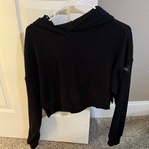Alo Ribbed Black Cropped Hoodie